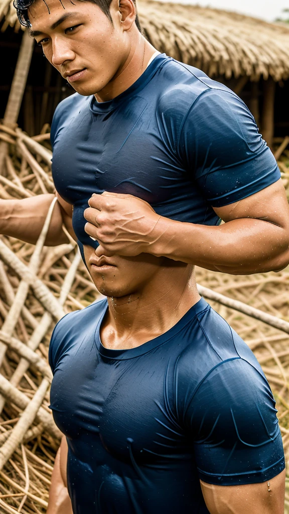 独奏 , 1 person , Image of a handsome Asian rugby player, short hair, no beard, muscular, big muscles, wearing a navy blue round neck t-shirt, wet, outdoors, rice field, countryside, hut, Thailand, Laos, Burma, Asia.