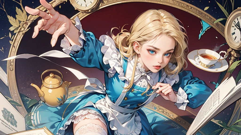 masterpiece, Highest quality, Portraiture, One Girl, (Alice in Wonderland:1.2), Blue clothes, White apron, Blonde, blue eyes, Usagi, Trump, Tea cup, White lace thigh high socks, Miniskirt lift, Dynamic pose,Retro