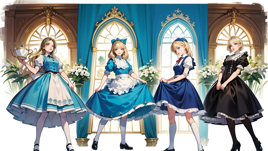 masterpiece, Highest quality, Portraiture, One Girl, (Alice in Wonderland:1.2), Blue clothes, White apron, Blonde, blue eyes, Usagi, Trump, Tea cup, White lace thigh high socks, Miniskirt lift, Dynamic pose,Retro
