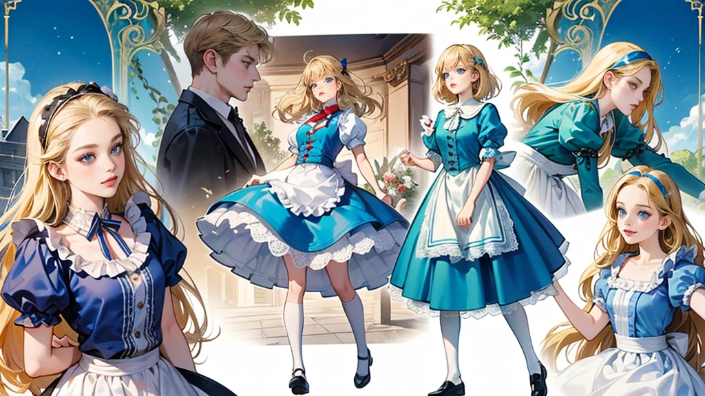 masterpiece, Highest quality, Portraiture, One Girl, (Alice in Wonderland:1.2), Blue clothes, White apron, Blonde, blue eyes, Usagi, Trump, Tea cup, White lace thigh high socks, Miniskirt lift, Dynamic pose,Retro