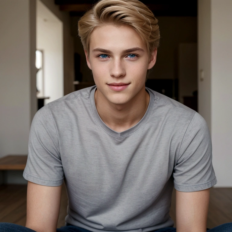 Portrait of a young man, blonde hair, , blue eyes, gray t-shirt, jeans, 1boy, very handsome boy, attractive boy, harmonious body, symmetrical body, attractive man, handsome man, looking at the camera, evil smile, light brown hair, he is a moodel top, greek model, pose, film grain, ultra-detailed, portrait