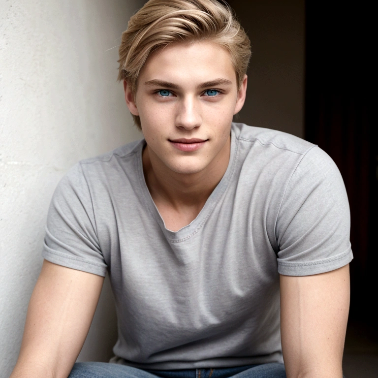 Portrait of a young man, blonde hair, 17 years old, blue eyes, gray t-shirt, jeans, 1boy, very handsome boy, attractive boy, harmonious body, symmetrical body, attractive man, handsome man, looking at the camera, evil smile, light brown hair, he is a moodel top, greek model, pose, film grain, ultra-detailed, portrait