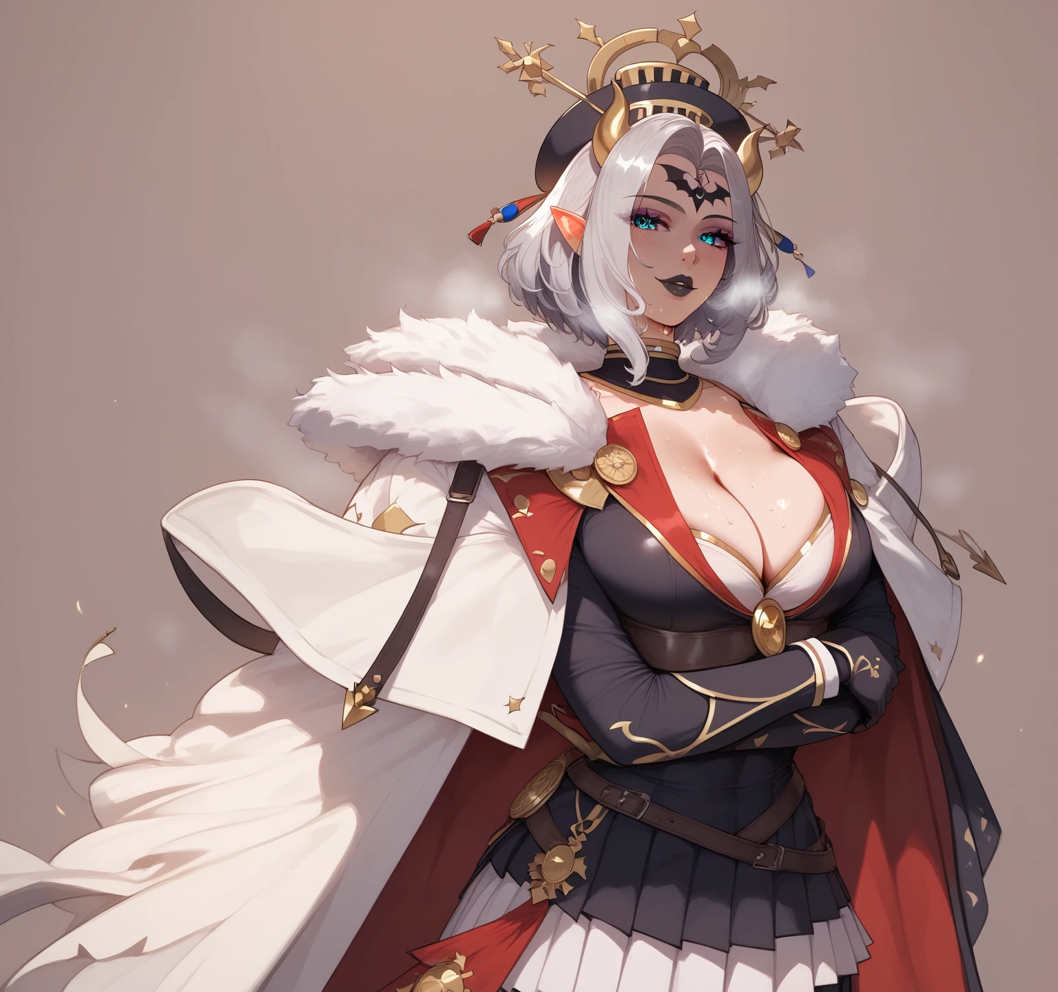 score_9, score_8_up, score_7_up, score_6_up, uncensored, lilithmon, black hair, forehead mark horns, demon wings, hair ornament, cleavage, black lips, medium hair, naughty face, shiny skin, sweating, steaming body, heavy breathing, BREAK (masterpiece:1.2), best quality, high resolution, unity 8k wallpaper, (illustration:0.8), (detailed eyes:1.3), extremely detailed face, perfect lighting, extremely detailed CG, (perfect hands, perfect anatomy), medium breasts, breast press, looking at viewer, modern decor,cozy atmosphere,relaxing vibes,urban backdrop,dreamy ambiance, magical aura, enchanting beauty, mystical setting, enchanting artwork, intricate details.sweating, hat, cleavage, crossed_arms, solo, gloves, breast_hold, long_sleeves, skirt, cape, looking_at_viewer, pleated_skirt, buttons, jacket,