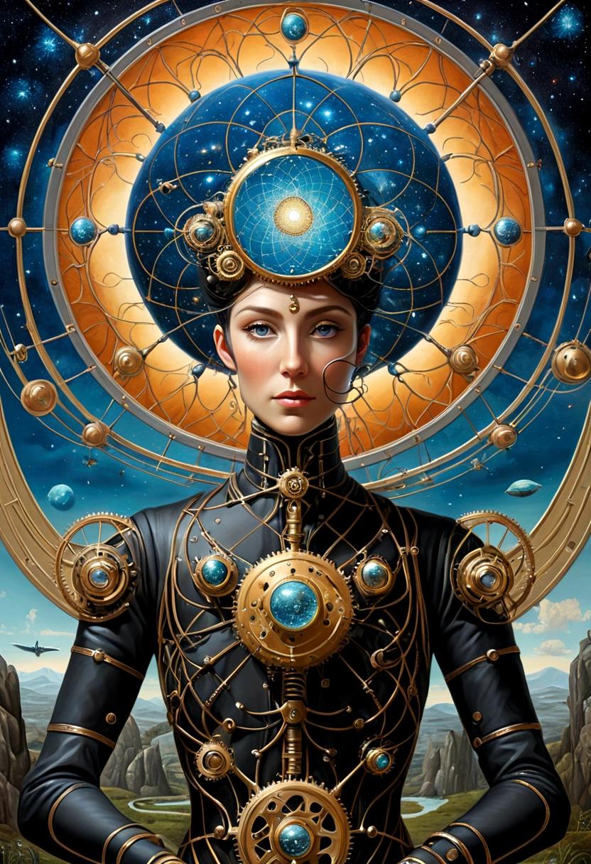steampunk painting, ((unification of man, neural networks and wildlife)), in a bizarre mystical landscape, works by Breton, Carrington, Dahl, Ernst, Feeney, Magritte, Oppenheim and Picasso, complex details, oil on canvas, award-winning, masterpiece, romanticism, D&D, fantasy, trending on artstation, 4K, 8K, covered with a complex and bright cosmic pattern. The pattern should include swirling galaxies, bright nebulae, the general atmosphere should evoke the feeling of an endless universe, the combination of a bicycle and artificial intelligence, meeting with modern technologies in a harmonious combination.