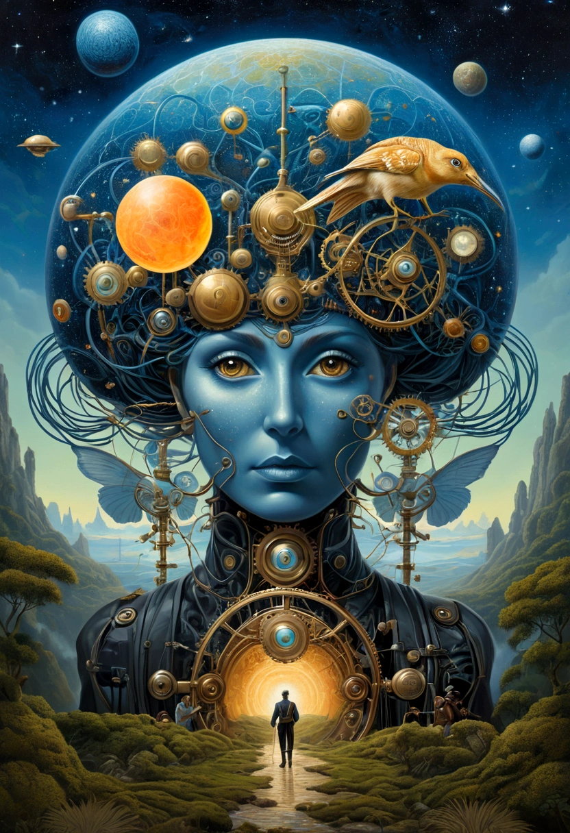 steampunk painting, ((unification of man, neural networks and wildlife)), in a bizarre mystical landscape, works by Breton, Carrington, Dahl, Ernst, Feeney, Magritte, Oppenheim and Picasso, complex details, oil on canvas, award-winning, masterpiece, romanticism, D&D, fantasy, trending on artstation, 4K, 8K, covered with a complex and bright cosmic pattern. The pattern should include swirling galaxies, bright nebulae, the general atmosphere should evoke the feeling of an endless universe, the combination of a bicycle and artificial intelligence, meeting with modern technologies in a harmonious combination.