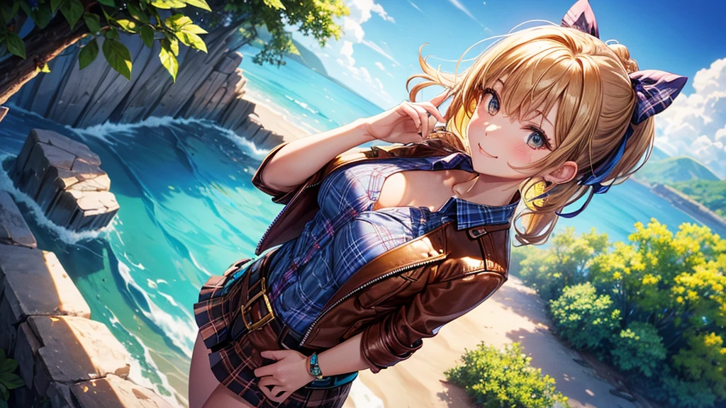 1girl, solo, ((upper view)), full body, summer, village, trees, sun, clouds, ((colorful hair)), ponytail, large full breasts, ((brown leather jacket)), button down shirt, ((blue checked shirt)), ((short sleeved shirt)), ((unbuttoned shirt)), unbuttoning buttons, cleavage 1:3, brown eyes, skirt, smile, looking at the viewer, standing, hair ribbon, golden necklate