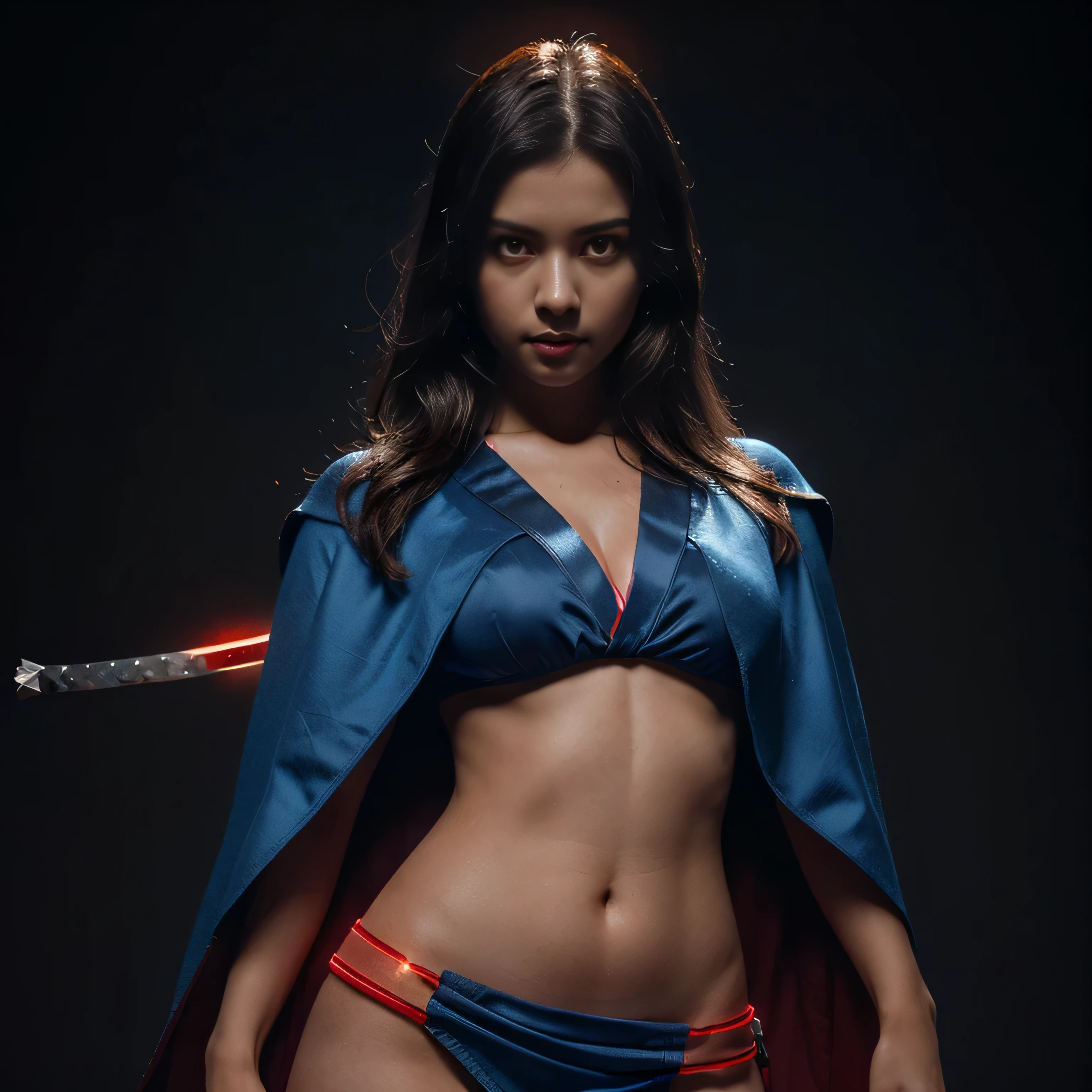 Super Realistic, Hyper Realistic, Super Detailed, soft light, (cybersamurai, 1girl, ((solo)), wearing blue-red kimono, hips up, cape, glowing beautiful red eyes, glow:1.3) (glowing simple black background:1.2),