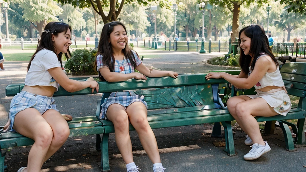 Children play in the park with cheerful smiles, while their parents sit on benches enjoying the sunny day.