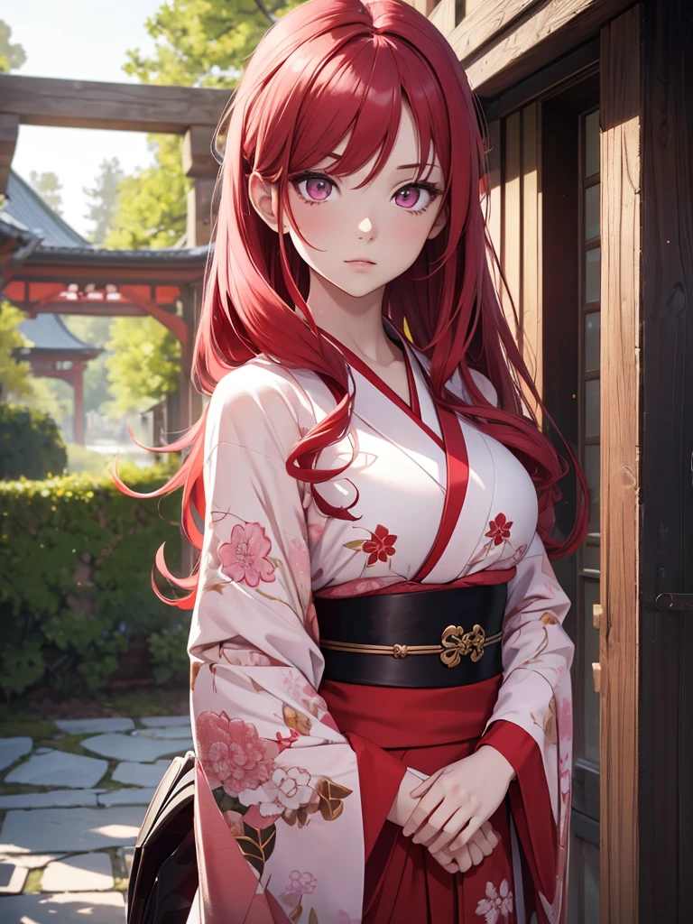(8K, Best Quality, Masterpiece, Ultra High Resolution) 1 Girl, Beautiful Eyes, Face Details, Long Red Hair, Pink Eyes, Pale Skin, Wearing Red Kimono, Pink Details, Holding Katana Standing Outside, Best Quality, Upper Body, Looking at the Viewer, Facing Viewer, Close Up