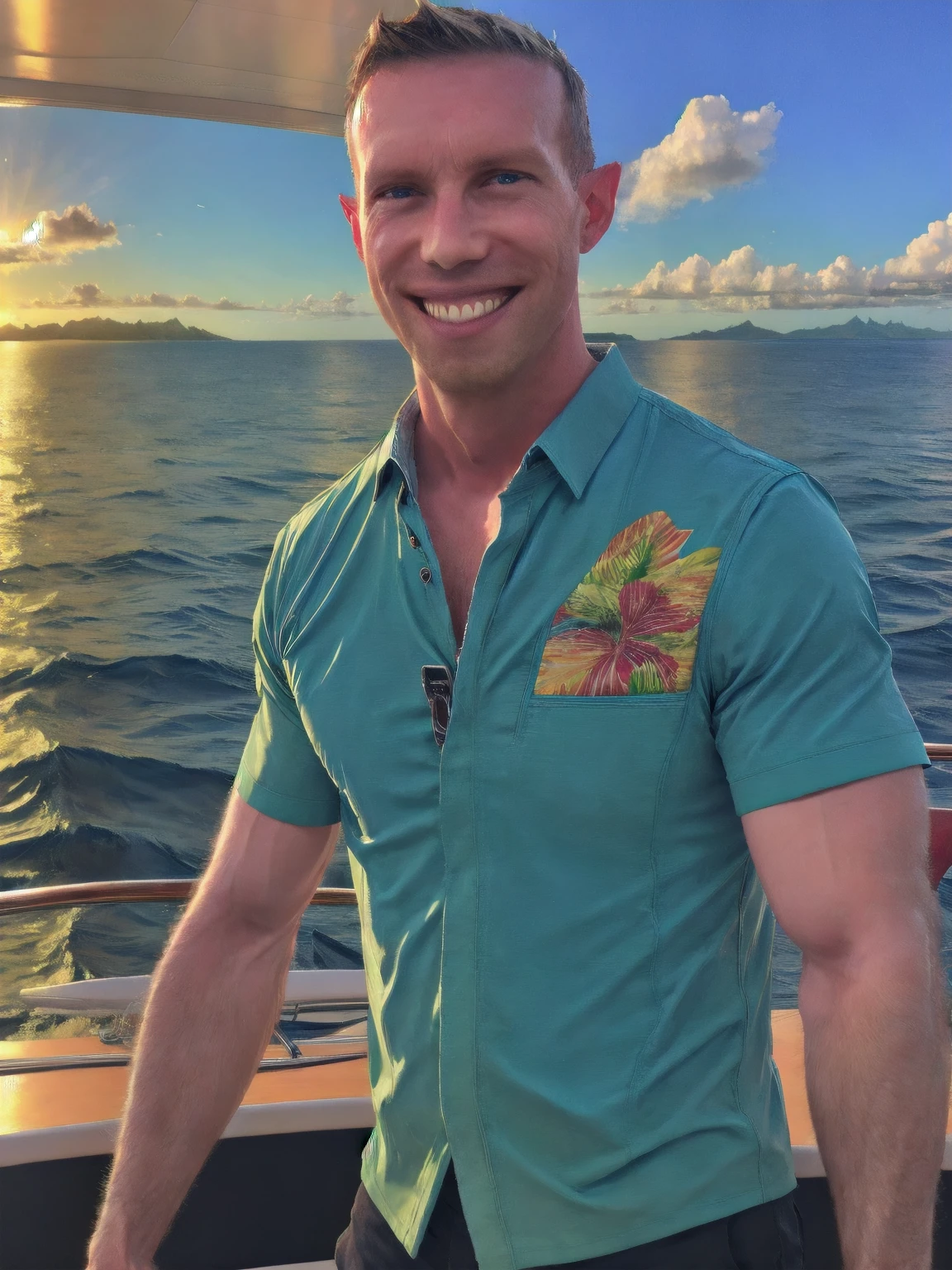 a handsome man, Todder8, Todder1 short hair, perfect facial features, RAW, UHD, 8K, looking at camera, on a yacht at sea, vacation photography, island paradise, colorful Hawaiian shirt, photorealistic, dynamic lighting, perfect day, [smiling]