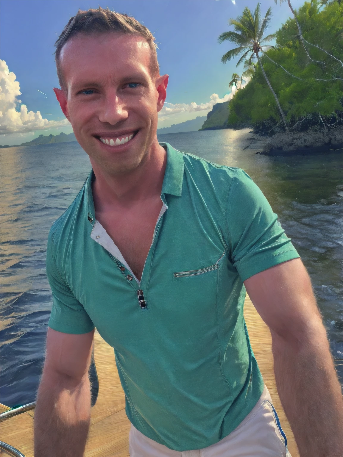 a handsome man, Todder8, Todder1 short hair, perfect facial features, RAW, UHD, 8K, looking at camera, on a yacht at sea, vacation photography, island paradise, colorful Hawaiian shirt, photorealistic, dynamic lighting, perfect day, [smiling]