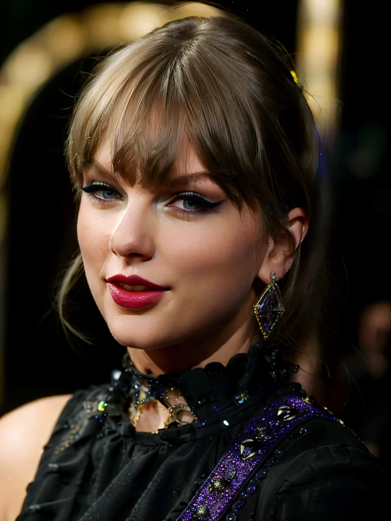 photorealistic portrait of 1 woman, xtaylor, swift, detailed lips, extremely detailed face, makeup, sexy gothic dress, holding a microphone, from the waist up, on the scene, (best quality,4k,8k,highres,masterpiece:1.2),ultra-detailed,(realistic,photorealistic,photo-realistic:1.37),studio lighting,vivid colors,portrait