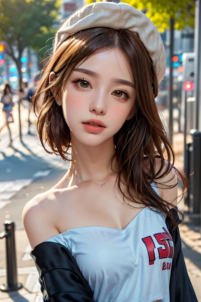 Wear your hat at an angle、Street Style Fashion、Highest quality, masterpiece, Ultra-high resolution, (Realistic:1.4), RAW Photos, One Girl, Off the shoulder, In the Dark, Deep Shadow, Moderate, Night Alley, short hair, roadside,walk, 20-year-old,Cute face, Tight shirt,(head shot:1.5)