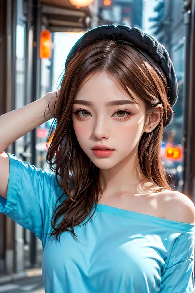 Wear your hat at an angle、Street Style Fashion、Highest quality, masterpiece, Ultra-high resolution, (Realistic:1.4), RAW Photos, One Girl, Off the shoulder, In the Dark, Deep Shadow, Moderate, Night Alley, short hair, roadside,walk, 20-year-old,Cute face, Tight shirt,(head shot:1.5)
