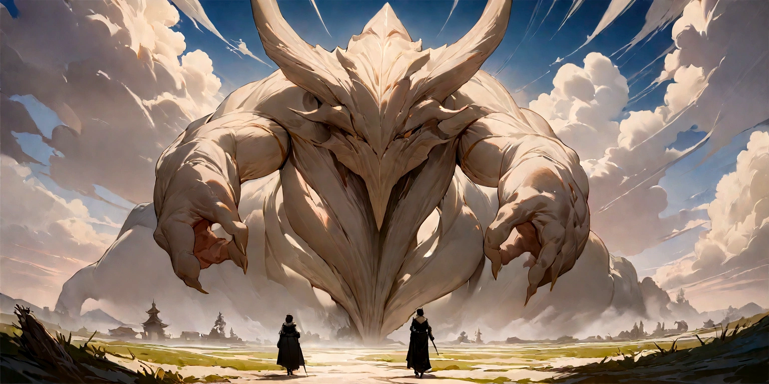 ((work of art, highest quallity, best quality image, high resolution,8k)) Knight facing a huge lupine-looking monster over a weathered land