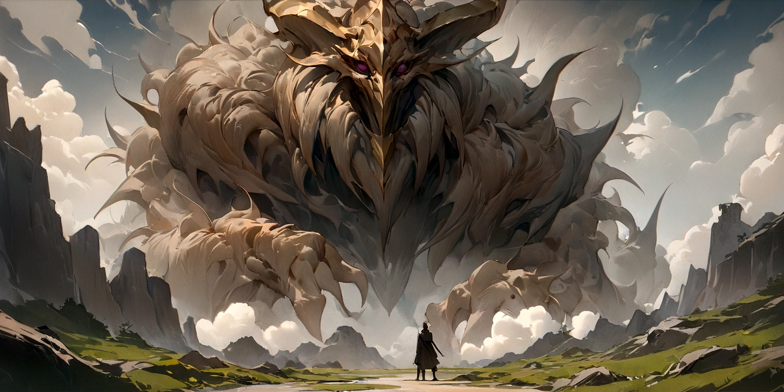 ((work of art, highest quallity, best quality image, high resolution,８ｋ)) Knight facing a huge lupine-looking monster over a weathered land