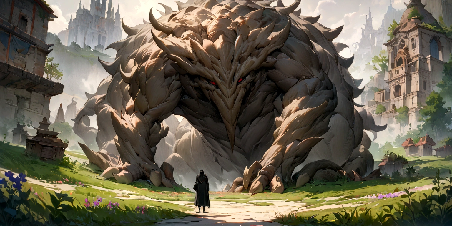 ((work of art, highest quallity, best quality image, high resolution,８ｋ)) Knight facing a huge lupine-looking monster over a weathered land