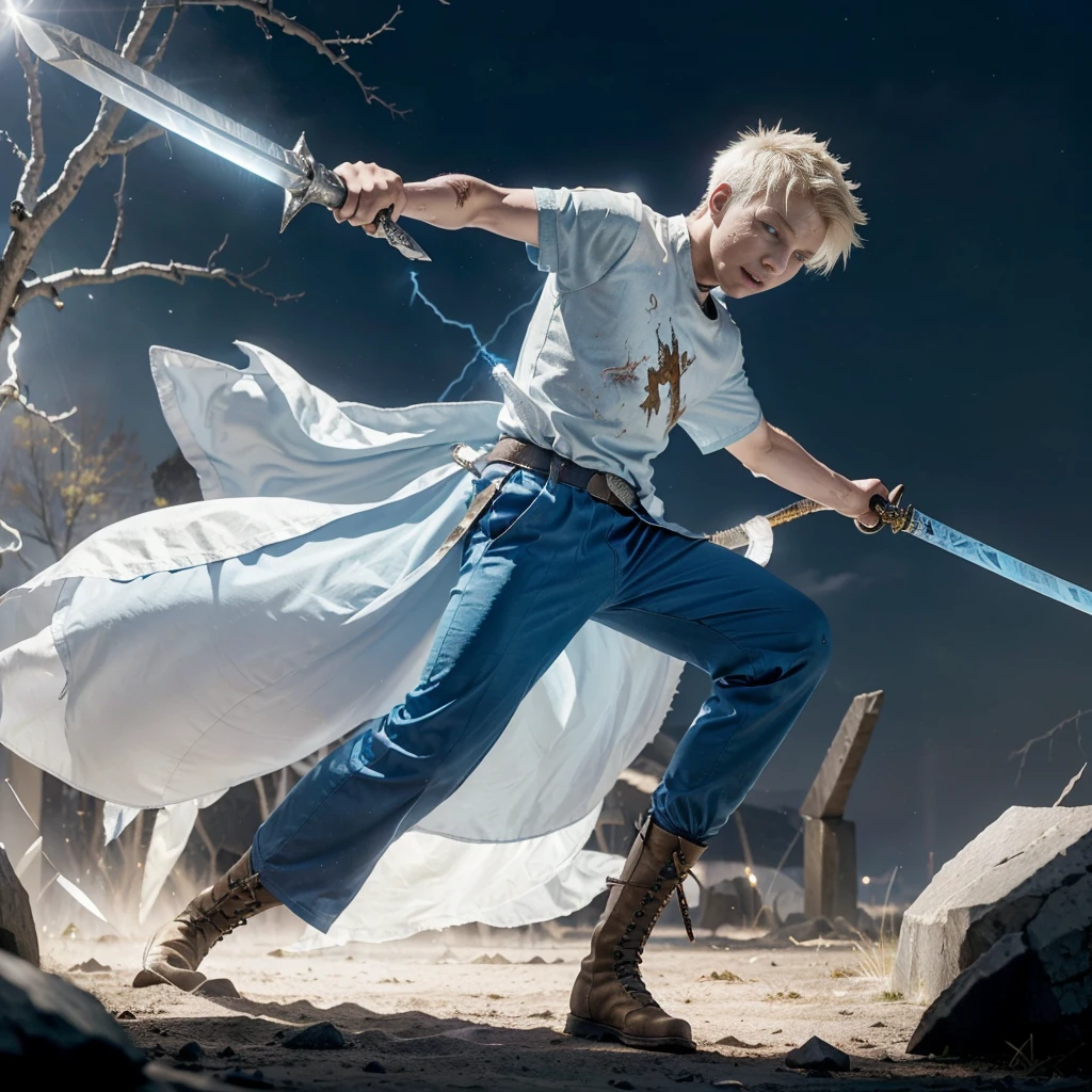 1character, Full body version, Viking boys, 1boys, albino skins, blue eyes, faux hawk hair, blonde colour hair, blue short sleeve shirt, blue trousers, boots, His clothes were full of blood, his face was flowing with blood, his hands were bleeding, he had wounds, his face was bleeding, his body was bleeding, ((long sword in hand, in a fighting pose, the long sword emits blue light, lightning flashes in the blade)), Grassroots, full background in a wide field, gusts of wind, the silhouette of moonlight, the moon, at night, the stars in the night sky 
