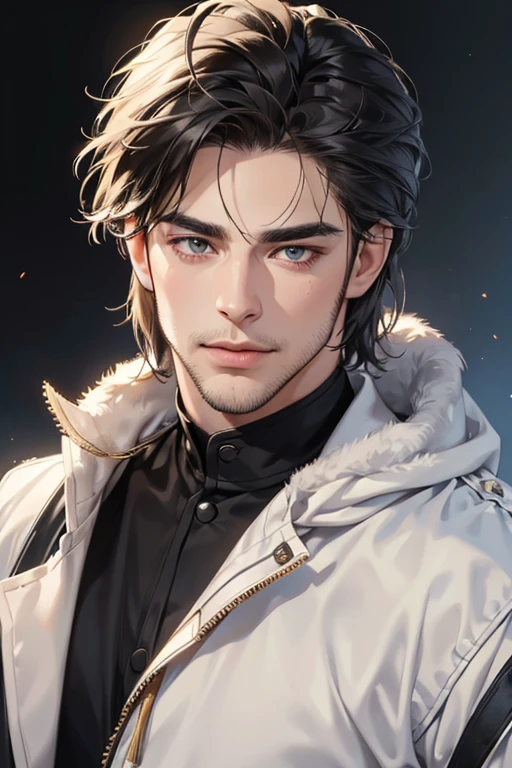 (best quality,4k,8k,highres,masterpiece:1.2),ultra-detailed,(realistic,photorealistic,photo-realistic:1.37),30 year old man,3 day beard,handsome anime,portraits,strong,masculine,dark hair,sharp jawline,mesmerizing eyes,perfectly styled hair,cool anime outfit,confident expression,vibrant colors,dynamic lighting, CEO and expression smile in love.