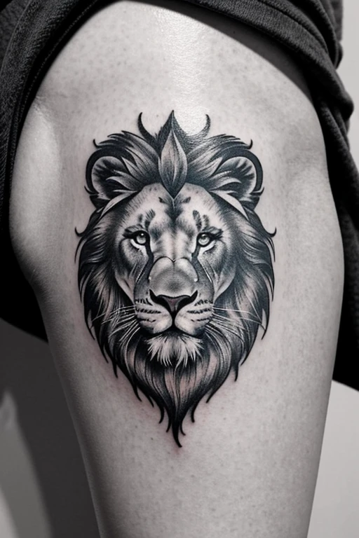Zodiac sign leo tattoo, lion, mid thigh, accurate, black and white, realism tattoo
