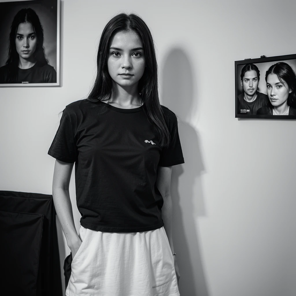 Potrait view of a Black t-shirt distro, Hanging on the wall in the front, portrait product, detailed, and gray hue, on a plain white photorealistic background.