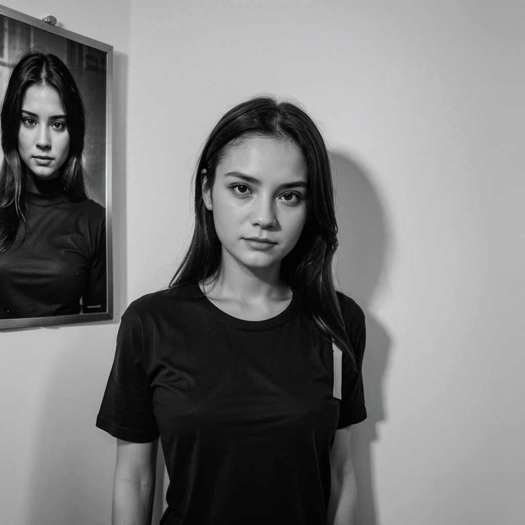 Potrait view of a Black t-shirt distro, Hanging on the wall in the front, portrait product, detailed, and gray hue, on a plain white photorealistic background.