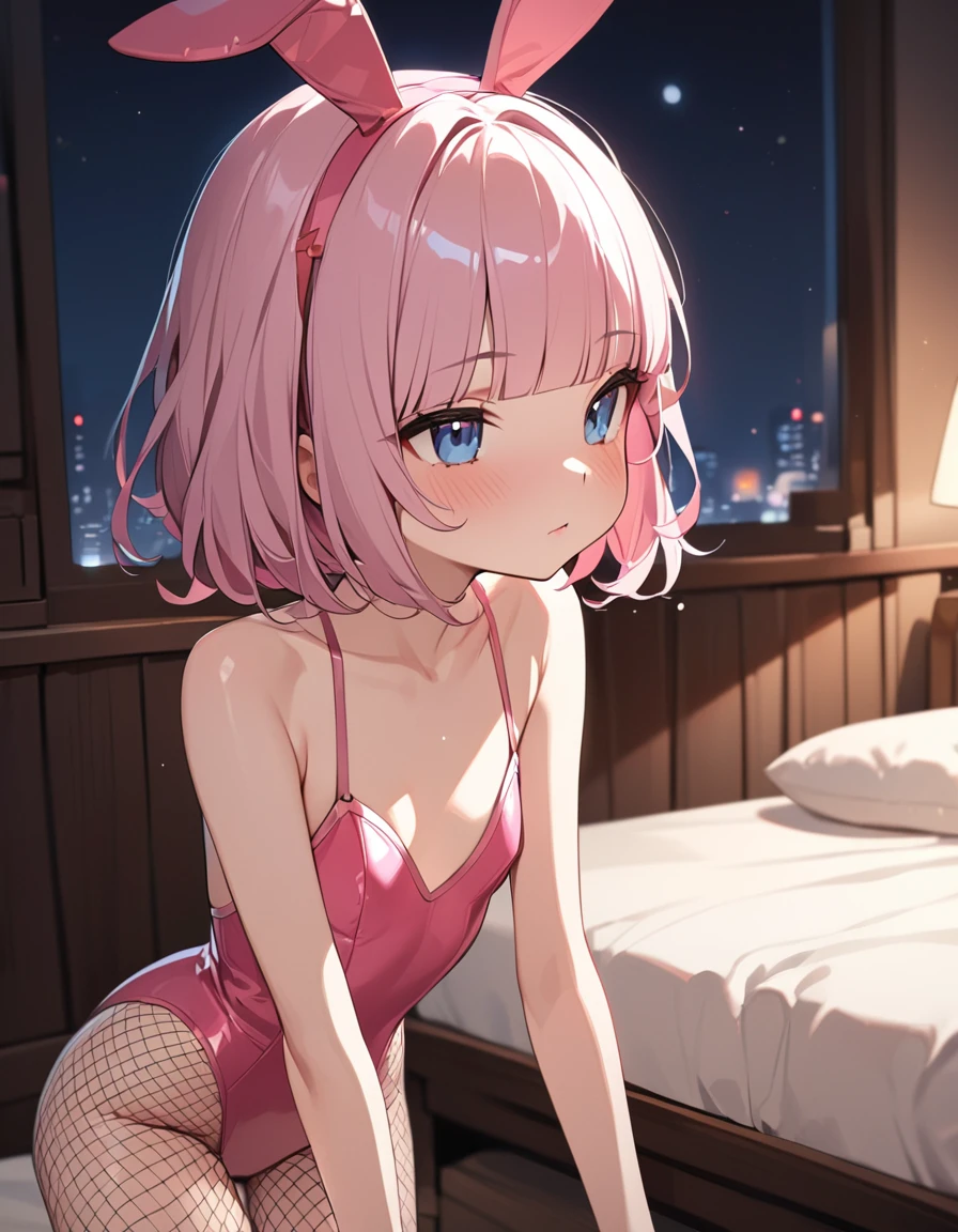 masterpiece, best quality, ultra-detailed, 1girl, pink hair, short hair, ((blunt bangs)), flipped hair, (jitome), blue eyes, Medium chest、slim、Late night bedroom、Bunny ears、Small breasts、Pink leotard、Fishnet tights