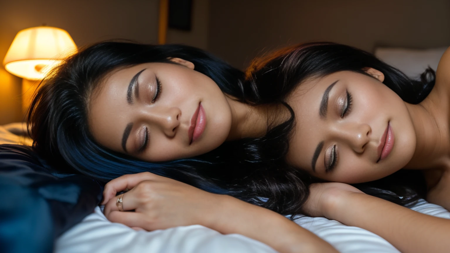 arafed woman with pink hair ((lying in a bed)), flowing black hair, with black hair with ((deep blue high lights)), photo of a beautiful woman, long flowing black hair, black golden hour, curly black hair, beautiful young asian woman, beautiful asian woman, wild ginger hair, pink wispy hair, light pink hair, a young asian woman, an asian woman, infp young woman, (straight half of the torso: 1.4), Portrait photo of a 24-year-old french girl in RAW UHD format (Brown-eyed woman), Sleeping in a bed, cosy night, Details (textures! , Hair! , glistering, Color!! , imperfections: 1.1), closed eyes , DSLR Lighting, SLR camera, Ultra-Quality, sharpness, Depth of field, Film grain , Fujifilm XT3, Crystal clear, Frame Center, beautiful perfect face, sharp-focus, night lamp, low lighting, bokeh (dimly lit), night time, detailed skin pores, oilly skin, suntan, Complex eye details, perfect closed eyes, sleeping, perfect hands, good hands, best hands