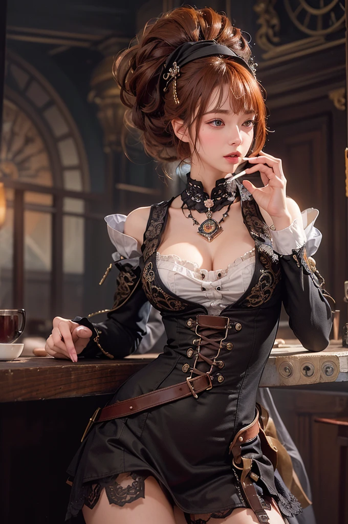 (masterpiece:1.3), (8K, Realistic, RAW Photos, Best image quality: 1.4)、 age,(Random Hairstyles:1.2)、Cleavage:1.2、Highly detailed face、Attention to detail、double eyelid、Chest to chest、Sharp focus:1.2、Beautiful woman:1.4、Redhead、Highest quality、masterpiece、Ultra-high resolution、(Realistic:1.4)、Highly detailed and professionally lit smiles、Loose fitting steampunk outfit、Shoulder out、thin、Serious expression、Smoking a long cigarette in a dark bar