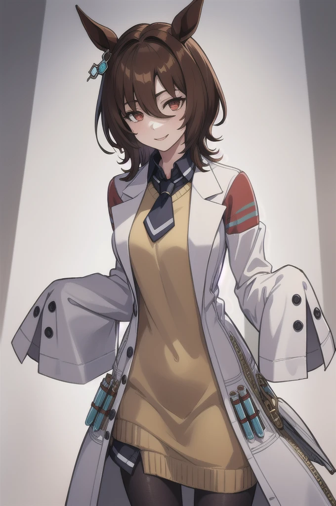 (work of art, best qualityer:1.2), standing alone, 1 girl, Agnes Tachyon, ssmile, gazing at viewer, Horse Ears, lab coat, sleeves past the wrists, sleeves past the fingers, sweater, necktie, pantyhose, single earring