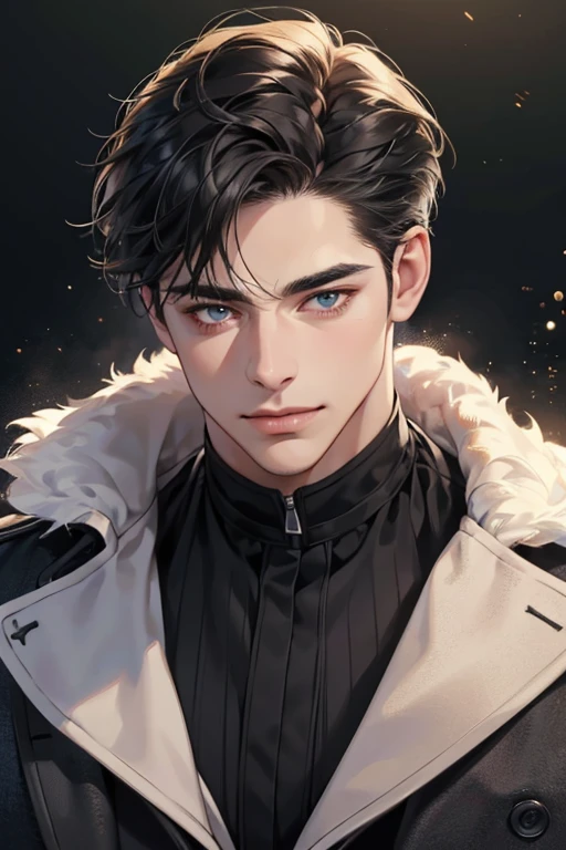 (best quality,4k,8k,highres,masterpiece:1.2),ultra-detailed,(realistic,photorealistic,photo-realistic:1.37),30 year old man,3 day beard,handsome anime,portraits,strong,masculine,dark hair,sharp jawline,mesmerizing eyes,perfectly styled hair,cool anime outfit,confident expression,vibrant colors,dynamic lighting, CEO and expression smile in love.