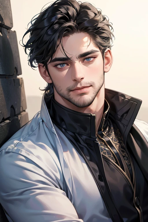(best quality,4k,8k,highres,masterpiece:1.2),ultra-detailed,(realistic,photorealistic,photo-realistic:1.37),30 year old man,3 day beard,handsome anime,portraits,strong,masculine,dark hair,sharp jawline,mesmerizing eyes,perfectly styled hair,cool anime outfit,confident expression,vibrant colors,dynamic lighting, CEO and expression smile in love.

