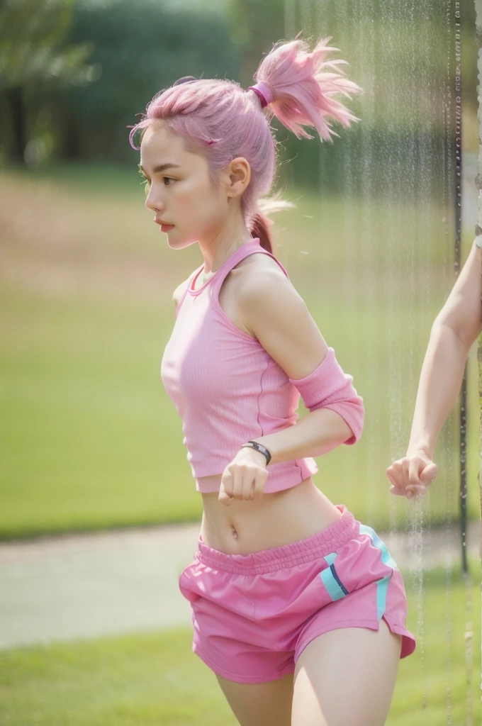 1 girl, solo, running, Gray Track Top, pink shorts, ponytail, athletic build, dynamic brushstrokes, fluid movement, capturing the essence of her athleticism and energy, using light colors and soft tones to create a dreamy and ethereal atmosphere, portraying the motion and grace of running, showing the wind blowing her ponytail and clothes, and the scenery of her surroundings.
outdoors, detailed background, Modern metropolis,