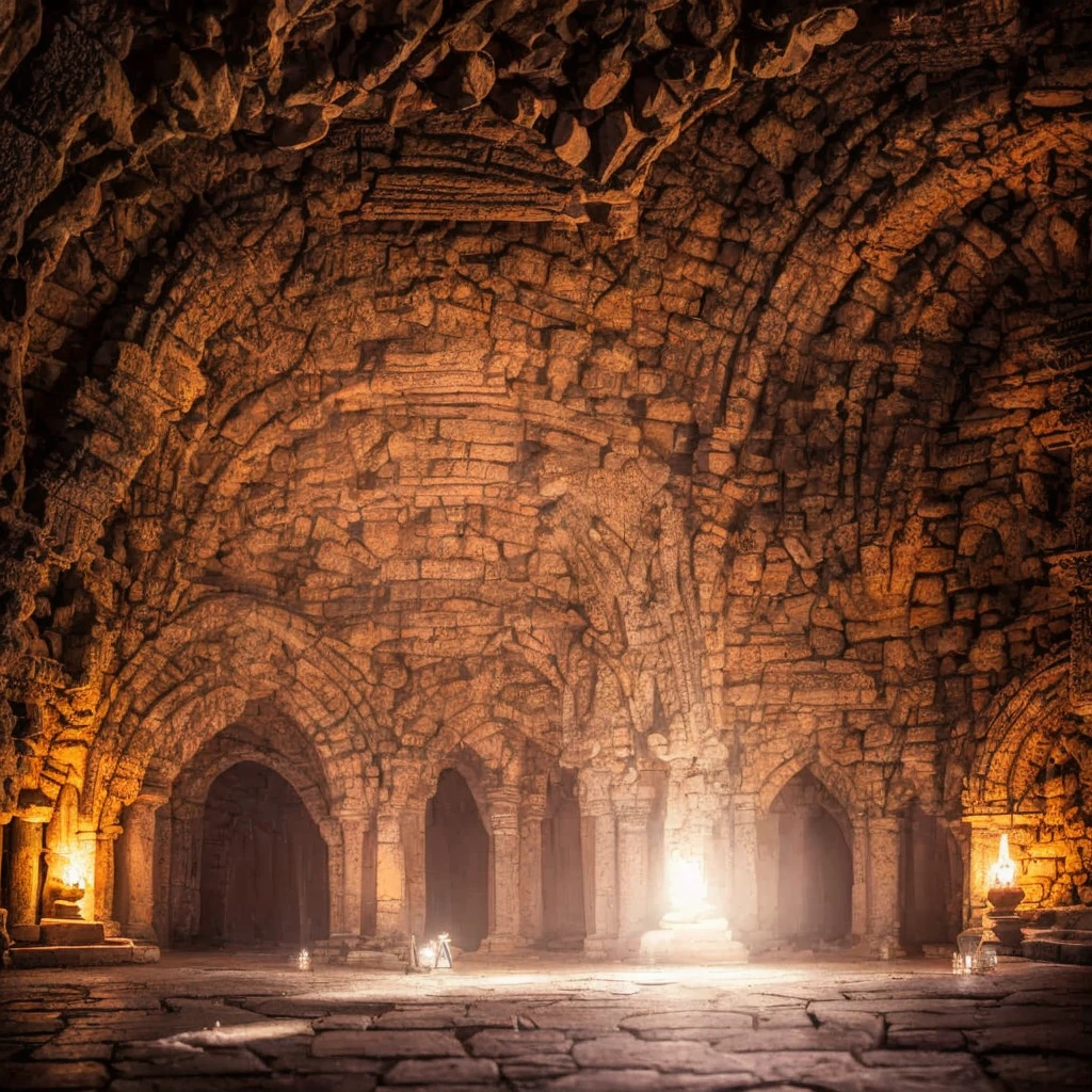 a detailed fantasy scene of a mysterious underground room, high ceilings, glowing crystals on the walls, magical candles, ancient stone archways, intricate carved patterns on the floor, a lone figure meditating in the center, dramatic lighting, cinematic composition, moody atmosphere, vibrant colors, photorealistic