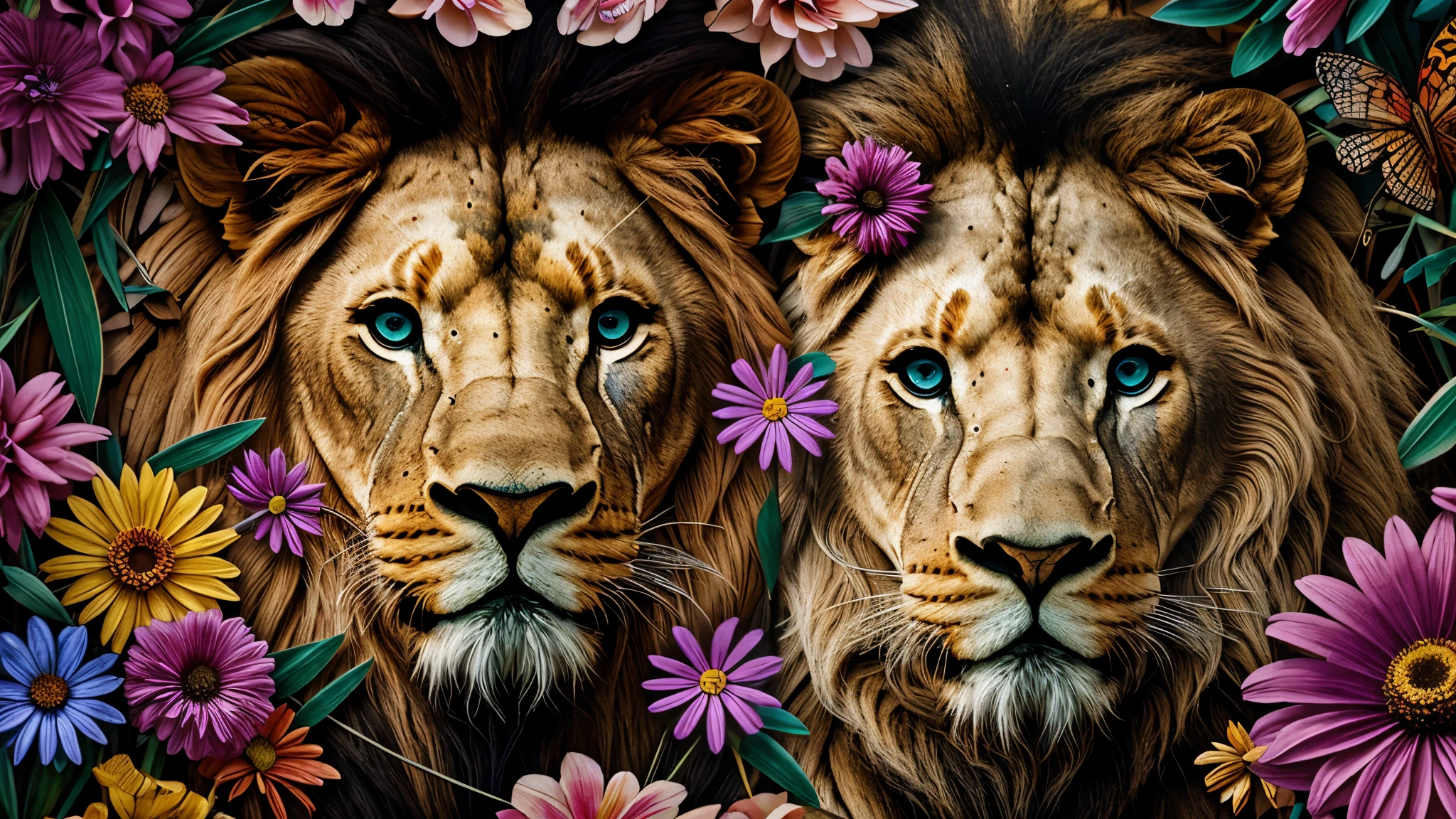 contemporary art collage, lion head,Colorful flowers, some smart insects, painted, super detailed, full color, bright colors, 8K, actual