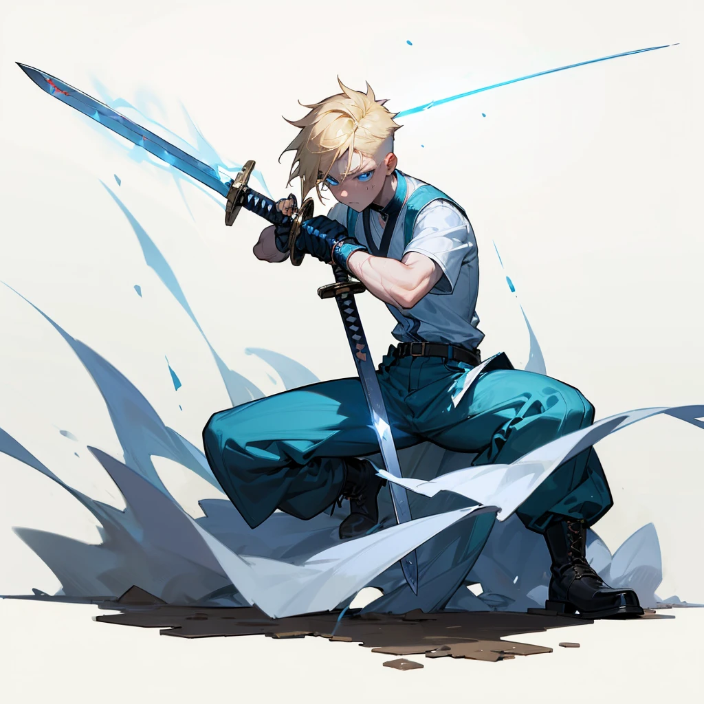 1character, Full body version, Viking boys, 1boys, albino skins, blue eyes, faux hawk hair, blonde colour hair, blue short sleeve shirt, blue trousers, boots, His clothes were full of blood, his face was flowing with blood, his hands were bleeding, he had wounds, his face was bleeding, his body was bleeding, ((long sword in hand, in a fighting pose, the long sword emits blue light, lightning flashes in the blade)), Grassroots, full background in a wide field, gusts of wind, the silhouette of moonlight, the moon, at night, the stars in the night sky