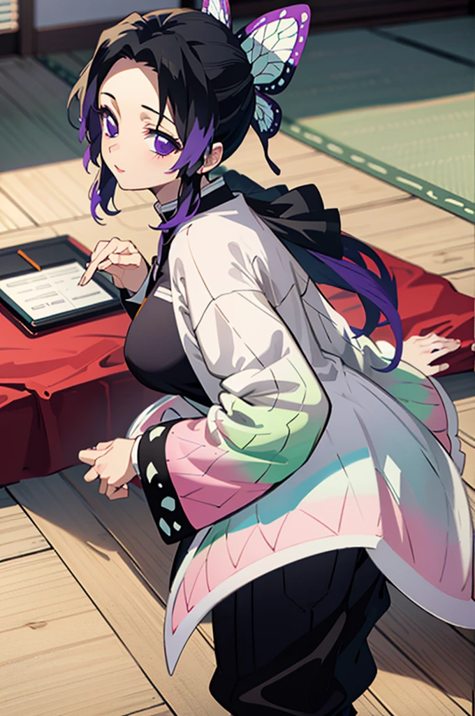 (masterpiece:1.3), (best quality:1.1), (8k, ultra detailed, ultra high res:1.2), ((anime style)), perfect 5 fingers, perfect ???????, 
1girl,
Shinobu Kochou, 
BREAK long hair, wavy hair,  
black hair, hair intakes, gradient hair, 
purple eyes, bow in hair,
(?????????????:0.9),  
BREAK black shirt, black tethered pants, white haori, looking at viewer, 
BREAK cowboy shot, perfect light, background of indoor, on the bed, wariza, 