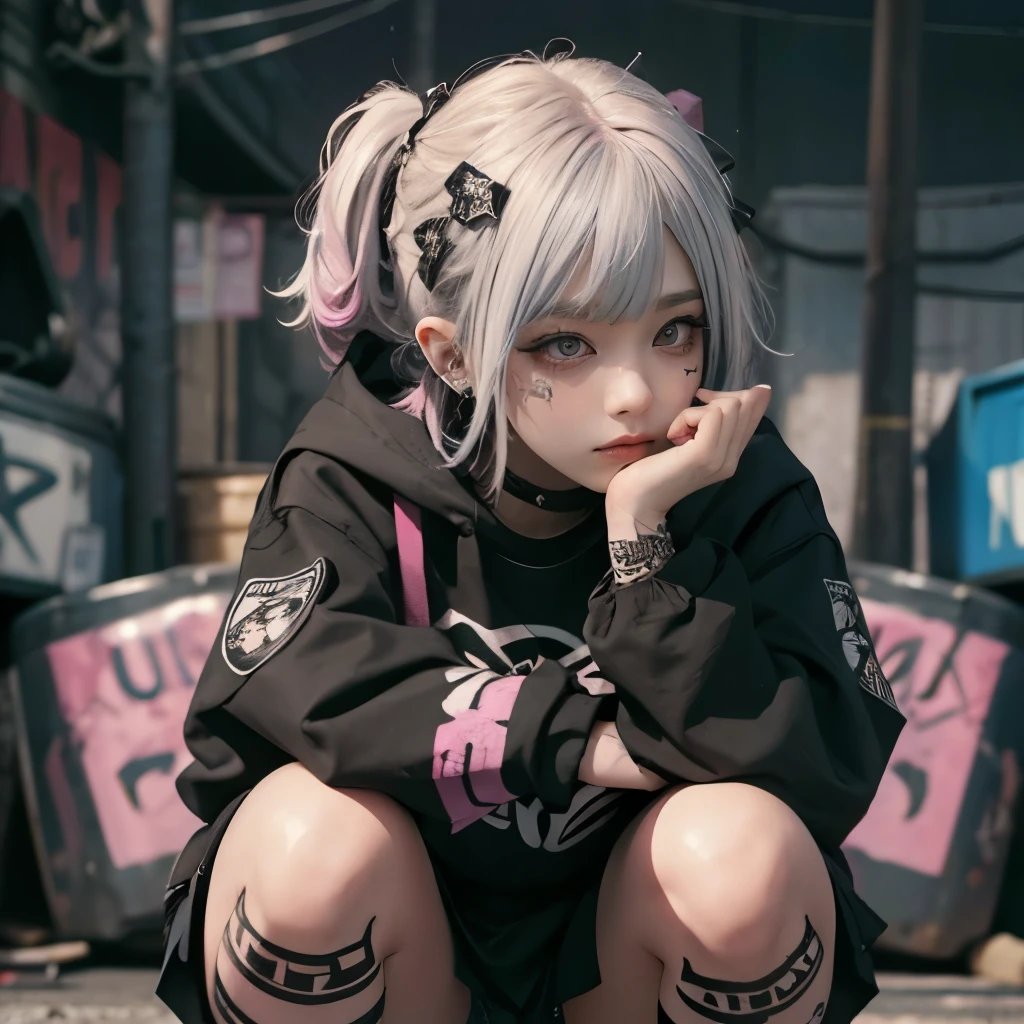 1girl, punk, punk girl, colorful hair, arms crossed, annoyed, squatting, black hoodie, pale skin, mascara, eye shadow, choker, colorful background, grafitti, tattoos, eyeliner, large breasts