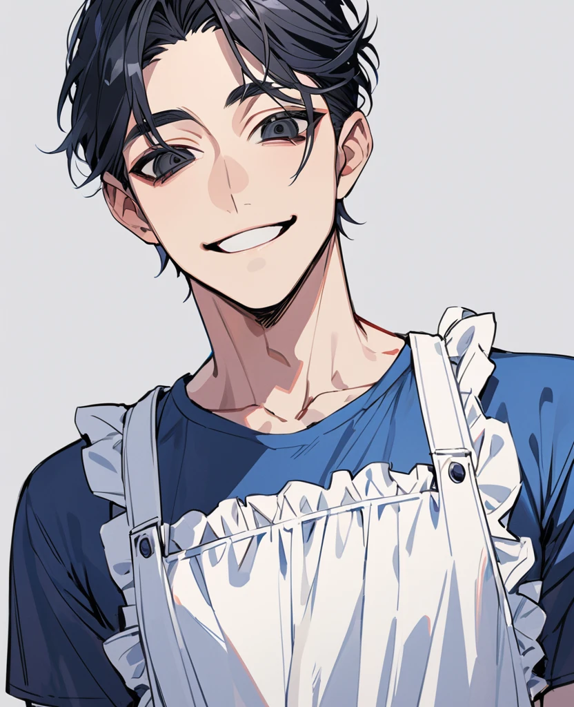 handsome, solo, 1 male, modern,Perfect face, extra detailed eyes,(black hair),(black eyes),simple background,look kind,blue t-shirt white apron,smiling