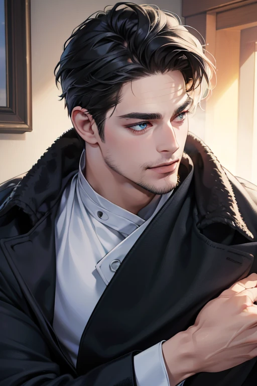 (best quality,4k,8k,highres,masterpiece:1.2),ultra-detailed,(realistic,photorealistic,photo-realistic:1.37),30 year old man,3 day beard,handsome anime,portraits,strong,masculine,dark hair,sharp jawline,mesmerizing eyes,perfectly styled hair,cool anime outfit,confident expression,vibrant colors,dynamic lighting, CEO and expression smile in love.