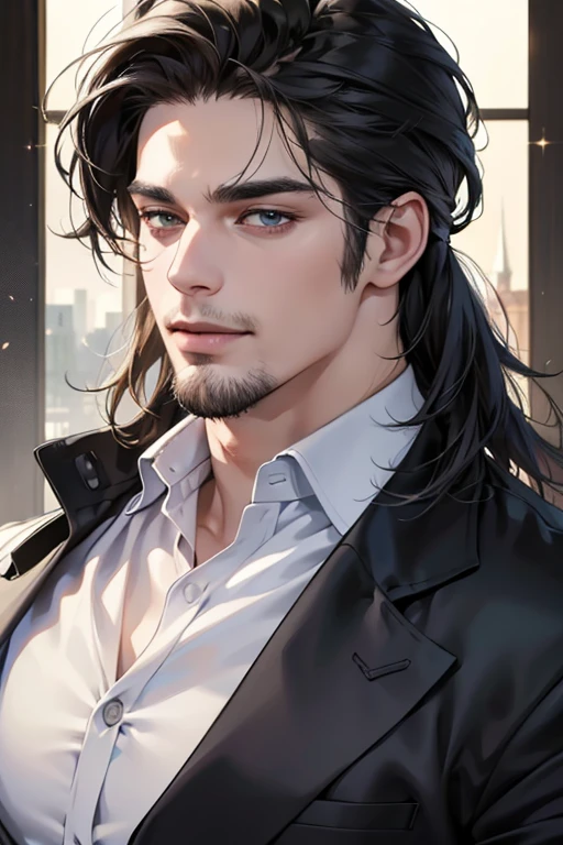 (best quality,4k,8k,highres,masterpiece:1.2),ultra-detailed,(realistic,photorealistic,photo-realistic:1.37),30 year old man,3 day beard,handsome anime,portraits,strong,masculine,dark hair,sharp jawline,mesmerizing eyes,perfectly styled hair,cool anime outfit,confident expression,vibrant colors,dynamic lighting, CEO and expression smile in love.
