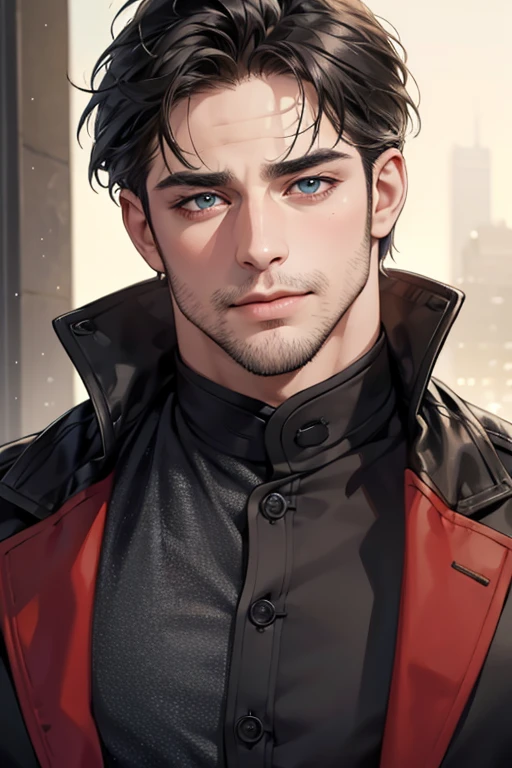 (best quality,4k,8k,highres,masterpiece:1.2),ultra-detailed,(realistic,photorealistic,photo-realistic:1.37),30 year old man,3 day beard,handsome anime,portraits,strong,masculine,dark hair,sharp jawline,mesmerizing eyes,perfectly styled hair,cool anime outfit,confident expression,vibrant colors,dynamic lighting, CEO and expression smile in love.
