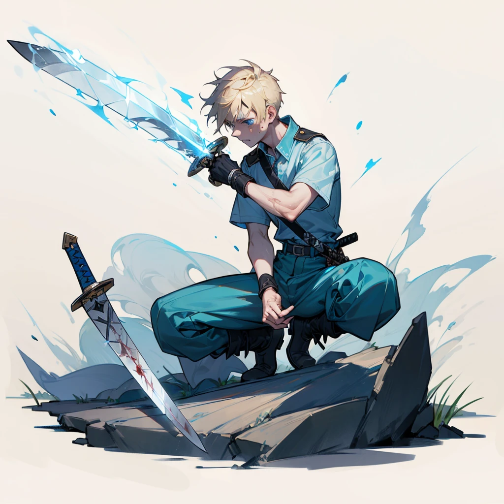 1character, Full body version, Viking boys, 1boys, albino skins, blue eyes, faux hawk hair, blonde colour hair, blue short sleeve shirt, blue trousers, boots, His clothes were full of blood, his face was flowing with blood, his hands were bleeding, he had wounds, his face was bleeding, his body was bleeding, ((long sword in hand, in a fighting pose, the long sword emits blue light, lightning flashes in the blade)), Grassroots, full background in a wide field, gusts of wind, the silhouette of moonlight, the moon, at night, the stars in the night sky 