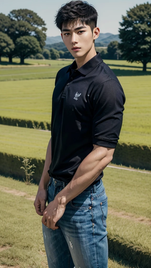 young korean man , 1 boy, white skin , Fine skin, 1 boy, ((realistic)), abdomen, good light quality, muscle veins, ((Pale skin)), football player, (Masterpiece, Special quality, high resolution, 8K, complicated:1.2), (detailed face:1.2), handsome, , Embossed, 1 boy,alone, look at viewer, Balancing the eyes, , (Make eye contact), , black polo shirt, With super tight navy blue jeans., big Embossed (In the countryside:1.5), (field:1.3)