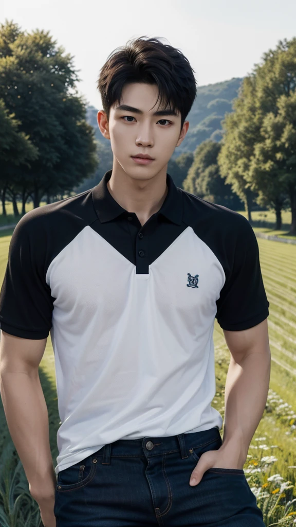 young korean man , 1 boy, white skin , Fine skin, 1 boy, ((realistic)), abdomen, good light quality, muscle veins, ((Pale skin)), football player, (Masterpiece, Special quality, high resolution, 8K, complicated:1.2), (detailed face:1.2), handsome, , Embossed, 1 boy,alone, look at viewer, Balancing the eyes, , (Make eye contact), , black polo shirt, With super tight navy blue jeans., big Embossed (In the countryside:1.5), (field:1.3)
