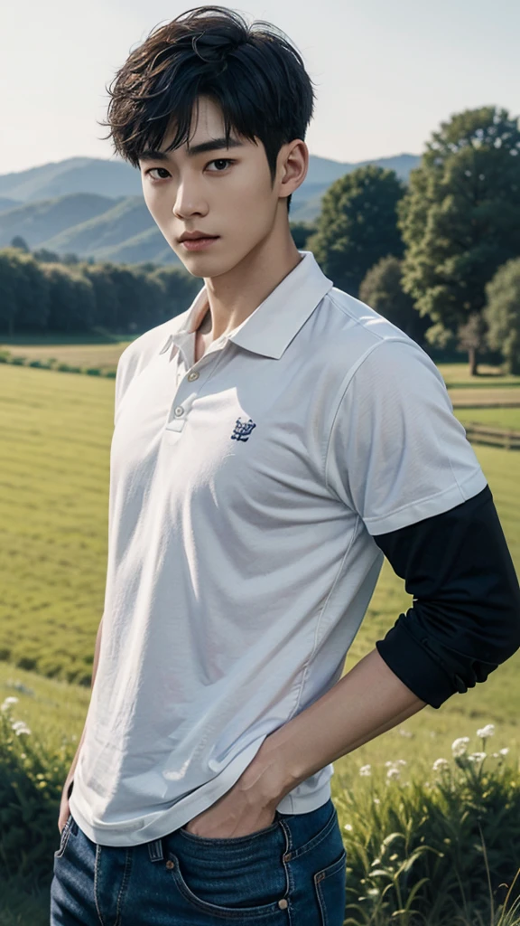young korean man , 1 boy, white skin , Fine skin, 1 boy, ((realistic)), abdomen, good light quality, muscle veins, ((Pale skin)), football player, (Masterpiece, Special quality, high resolution, 8K, complicated:1.2), (detailed face:1.2), handsome, , Embossed, 1 boy,alone, look at viewer, Balancing the eyes, , (Make eye contact), , black polo shirt, With super tight navy blue jeans., big Embossed (In the countryside:1.5), (field:1.3)