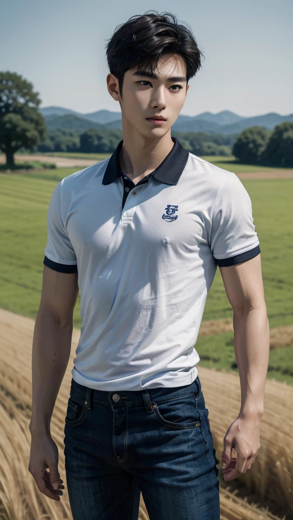 young korean man , 1 boy, white skin , Fine skin, 1 boy, ((realistic)), abdomen, good light quality, muscle veins, ((Pale skin)), football player, (Masterpiece, Special quality, high resolution, 8K, complicated:1.2), (detailed face:1.2), handsome, , Embossed, 1 boy,alone, look at viewer, Balancing the eyes, , (Make eye contact), , black polo shirt, With super tight navy blue jeans., big Embossed (In the countryside:1.5), (field:1.3)