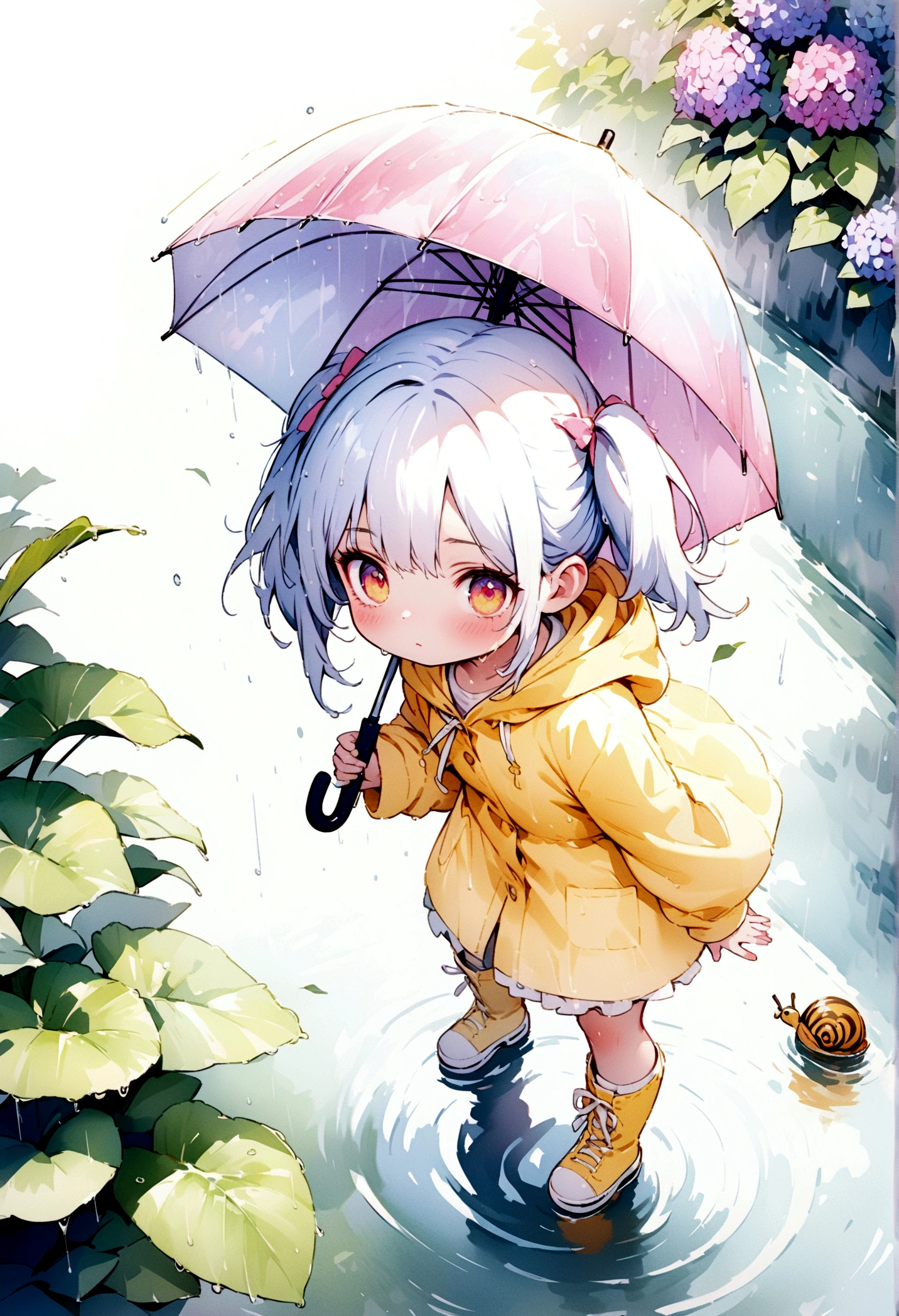 (water colour:1.5),品質\(8K,extremely detailed CG unit wallpaper, Masterpiece artwork,high resolution,top-品質,top-品質 real texture skin,hyperrealisti,Increase resolution,RAW Photos,melhor 品質,highy detailed,The wallpaper,cinematic lighting,ray tracing,golden ratio\), break , 1 son\(female, 5 years old, bonitas, cute,braid, detailed hair, detailedeyes, cosmic eye color,eyes large, beautiful fur, Caucasian skin, long eyelashes, holding umbrella,wearing yellow raincoat, yellow boots) looking viewer through transparentes umbrella\((transparentes:1.5),(reflecting beautiful light in prizm:0.5), beautifully detailed, bouncing rain,Lesma\(pretty shell\) in the umbrella\) ,(From above:2.0),(From above), (close up of child), fund\(raining,ripples of rain on the ground,colorful hydrangea wet in the rain, wet leaves in the rain,Simples e bonitas\)