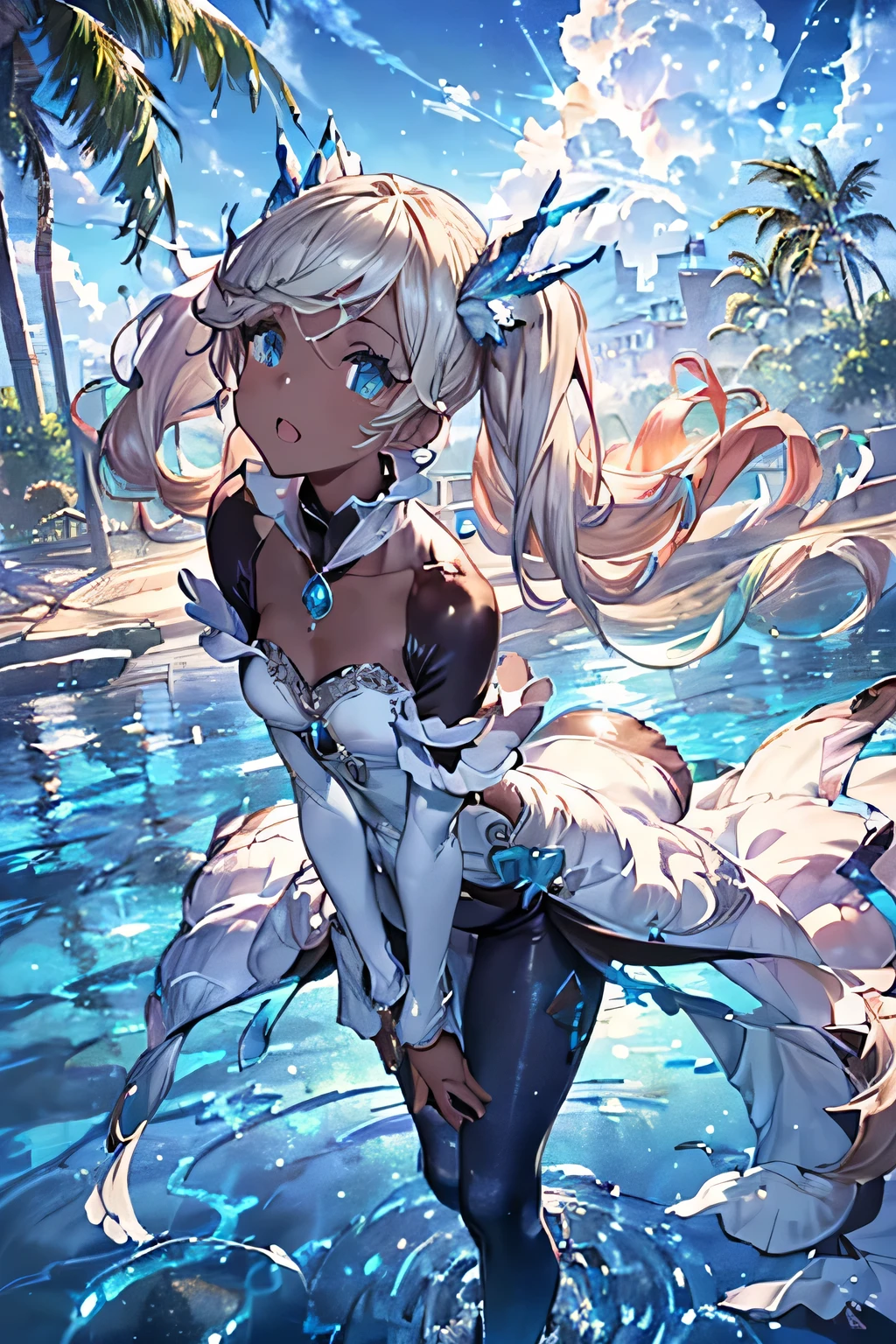 upside-down face, gran blue fantasy,
High resolution,Sharp focus,(Super detailed,Very detailed),(Very detailed CG unity 8k wallpaper),(((Vibrant colors))),{best illustration},
Iooiklas,Platinum Blonde Hair,Twin tails, hair ornaments, (complete anatomy),
Complex eyes,beautiful,Symmetrical eyes,Big eyes:1.5,Seductive eyes, (((dark skin,dark_skin,lustrous skin:1.5,bright skin: 1.5,
skin tanned, shiny skin,very shiny skin,Shiny body,plastic glitter,
skin,exaggerated shiny skin,illuminated skin))),Perfect Fingers,
(Detailed body),(Detailed face)), cute,Lewd,erotic,Bold,Camel Toe,
small breasts,Revealing clothing,show skin,
(((Sexy aqua fur coat, Aqua fur coat outfit,
wearing a Ice Dress:1.3,aqua 冬 coat))), ((Ice Dress,elegant Ice Dress)),
(White gloves,White clothes,(((Complex outfit,Complicated clothes,Embroidered costume,Glamorous costumes,Embroidered clothes,
(((Glamorous clothing))),White Dress, skinsuit, Bodysuits, pantyhose,Black knee socks, Removable sleeves,smile, Open your mouth,
Cumulonimbus,Surrounded by water, reflection,息を呑むほどbeautiful雲,Light,Dazzling Light,Cinematic Light.The wind is blowing,Vast ocean,
White sand beach,Coconut Tree,Sparkling Splashes,Shallow seas,Rocky area,