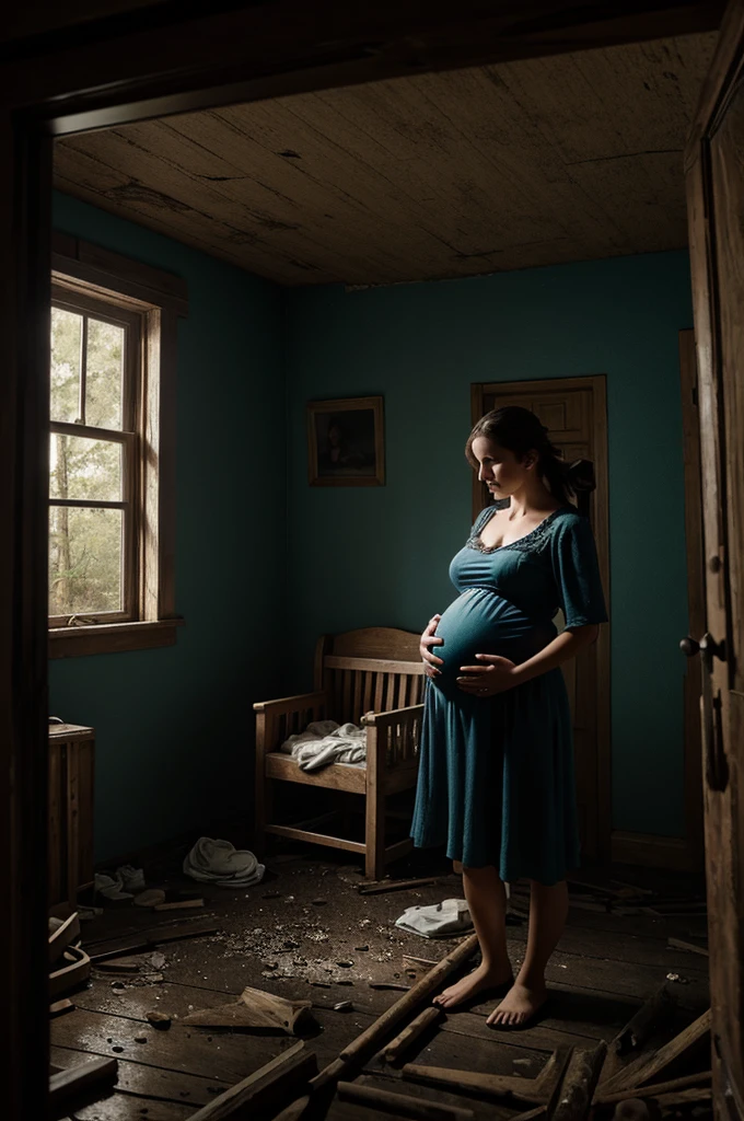 create an illustrative image of a young mother suffering from pregnancy contractions, inside an old, abandoned and dark cabin on a stormy night